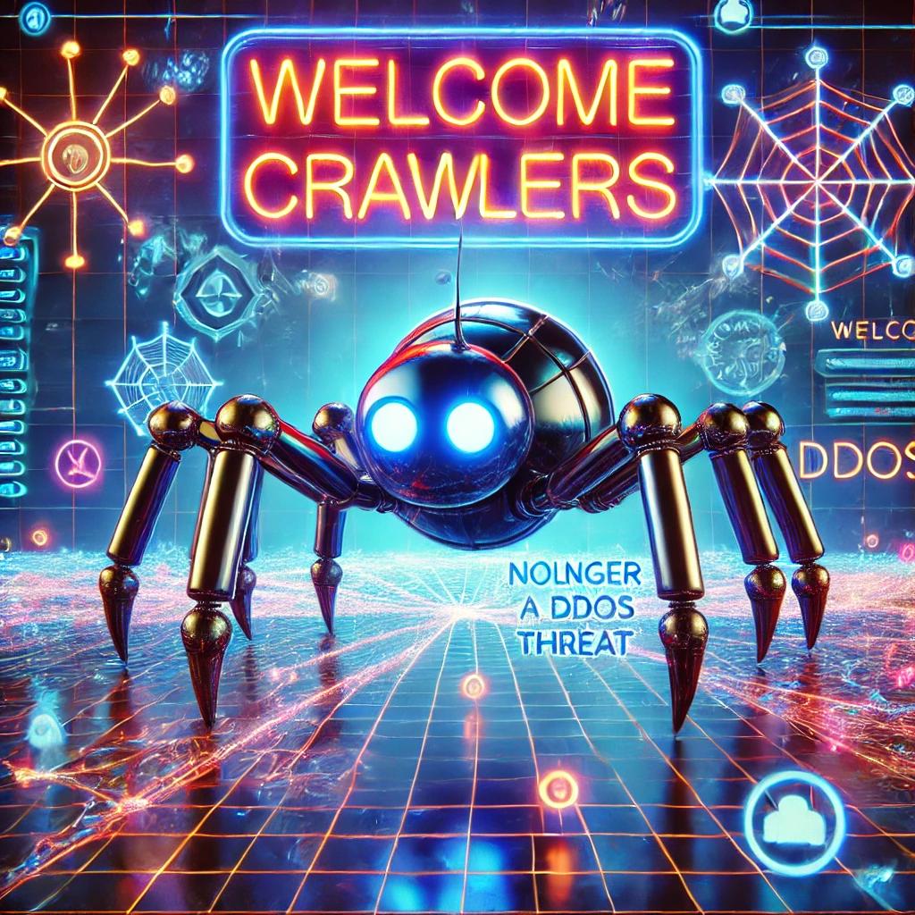 Welcome Crawlers - Spider bot with neon sign